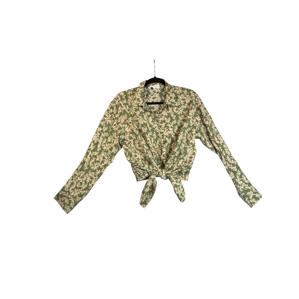 ba&sh Green Floral Tie Front Cropped Button Down Shirt Long Sleeve Size 2 M